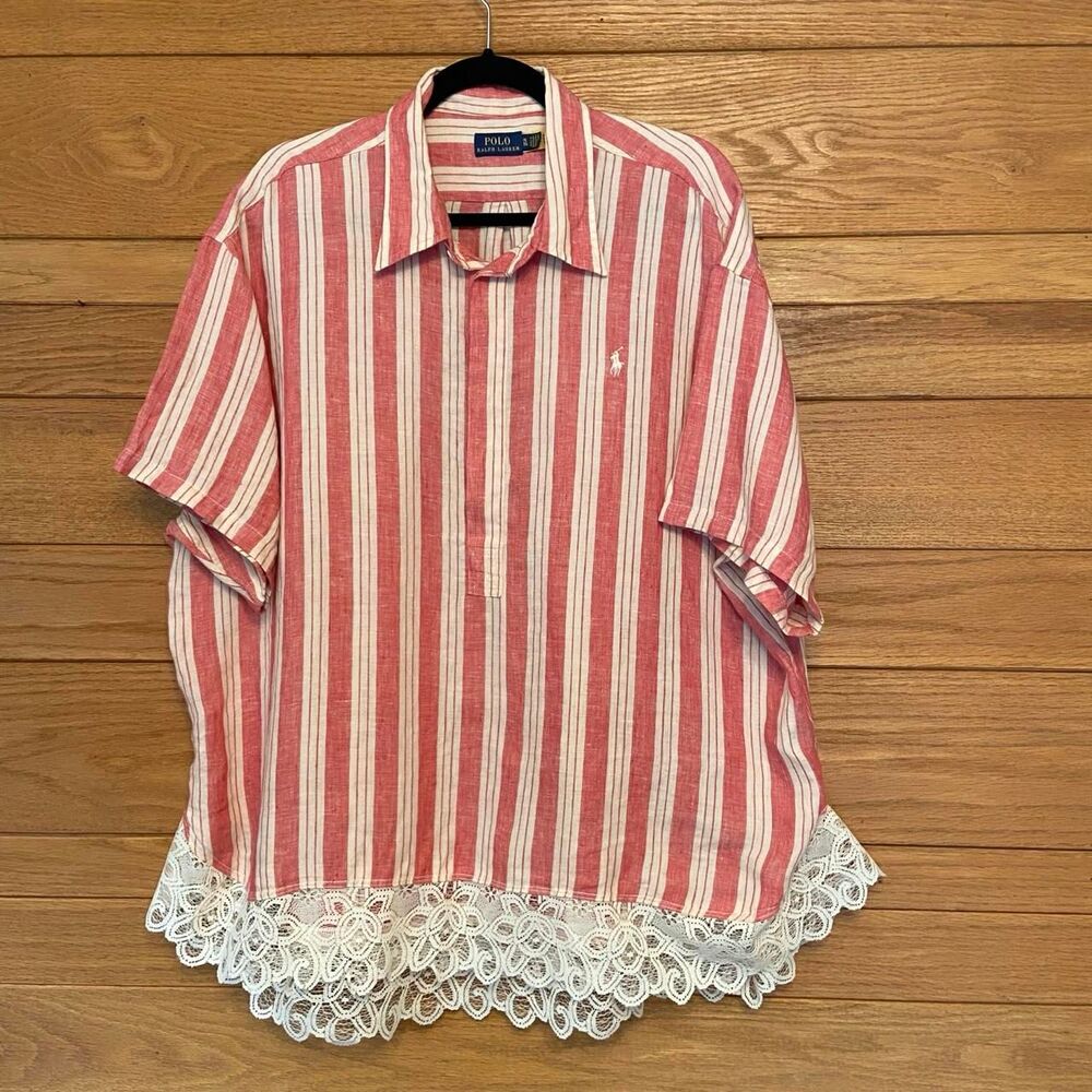 Polo Ralph Lauren linen striped short sleeve quarter button crochet trim shirt